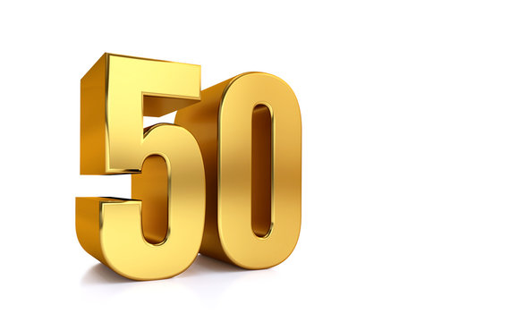 fifty, 3d illustration golden number 50 on white background and copy space on right hand side for text, Best for anniversary, birthday, new year celebration.