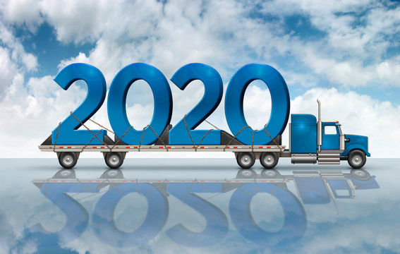 Blue Numbers 2020 On A Flatbed Truck - 3D Illustration