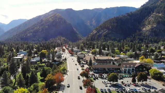 Aerial footage of Leavenworth Bavarian Village, Washington, USA