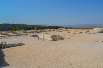 Archaeological site of the Northern horse stables of Megiddo. A World Heritage Site at Tel Megiddo National Park. City of Megiddo, Israel.