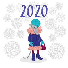 Fototapeta na wymiar Mouse, symbol of 2020. Funny christmas card. Chinese New Year 2020. Banner for your design. Vector illustration.