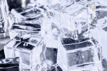 Ice cube. Close up transparent light ice cubes. Macro horizontal photography