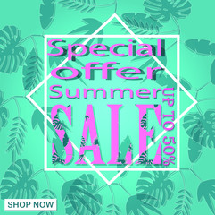 Summer sale banner template. Summer abstract geometric background with palm leaves. Promo badge for your seasonal design. Vector illustration.editable text