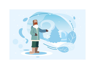 man with winter clothes in landscape with snowfall