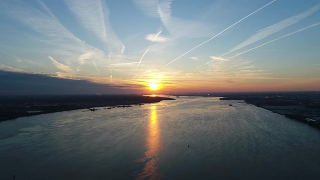 Aerial View of Sunset on the Delaware River Philadelphia, Pennsylvania