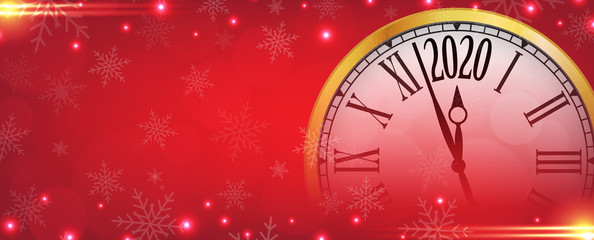 Obraz na płótnie Canvas Vector 2020 Happy New Year with retro clock on snowflakes red background
