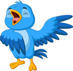 Cartoon blue bird singing on white background