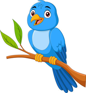 Cartoon blue bird sitting on tree branch