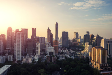 sunset rooftop view skyline panoramic twilight, office buildings, living, condominium in bangkok city skyline top view Downtown and business office bank financial in capital city of thailand asian	