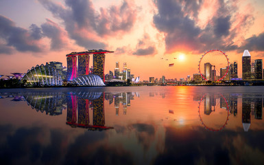 sunset panorama view skyline  Celebrate national day 2019 of Singapore view from garden by the bay in Singapore city, Downtown of Singapore is office buildings and business bank financial  © anuchit2012