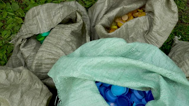 Coloured plastic bottle caps, colour coded and ready to be recycled in bags. Sorted by colors in transparent single use plastic bags. PET and PP pollution. 4k footage.