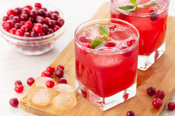 Red coctail with cranberry, vodka and ice. Refreshment drink.