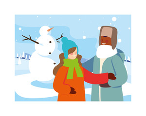 couple of people with snowman in winter landscape