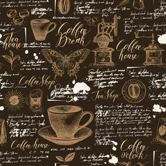 Fototapete Kaffee Vektornahtloses Muster zum Thema Tee und Kaffee mit Skizzen, Flecken und unleserlichen Inschriften auf dem braunen Hintergrund. Geeignet für Tapeten, Geschenkpapier, Stoff oder Textil im Retro-Stil