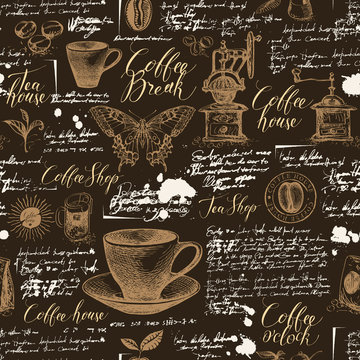 Vector seamless pattern on tea and coffee theme with sketches, blots and illegible inscriptions on the brown background. Suitable for Wallpaper, wrapping paper, fabric or textile in retro style