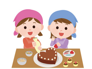 バレンタイン　チョコを手作りする友達　イラスト