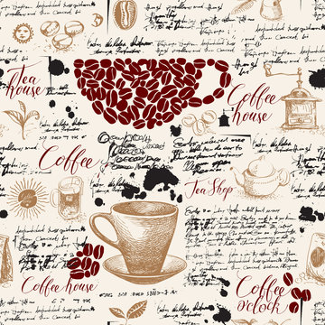 Vector seamless pattern on tea and coffee theme with drawings, spots and illegible handwritten notes in vintage style. Suitable for Wallpaper, wrapping paper, background or fabric