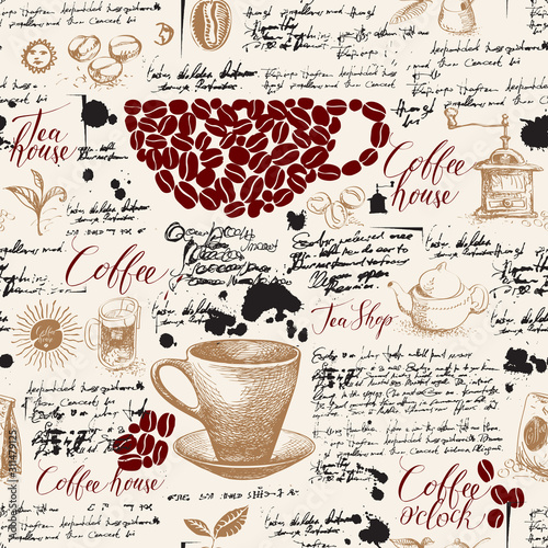 Vector Seamless Pattern On Tea And Coffee Theme With Drawings Spots And Illegible Handwritten Notes In Vintage Style Suitable For Wallpaper Wrapping Paper Background Or Fabric Wall Mural Paseven Vector Seamless Pattern On Tea And Coffee Theme With Drawings Spots And Illegible Handwritten Notes In Vintage Style Suitable For Wallpaper Wrapping Paper Background Or Fabric Wall Mural Paseven