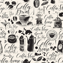 Vector seamless pattern on the coffee theme in retro style. Abstract background with kitchen items, stains and handwritten inscriptions. Suitable for wallpaper, wrapping paper or fabric