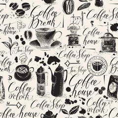 Wallpaper murals Coffee Vector seamless pattern on the coffee theme in retro style. Abstract background with kitchen items, stains and handwritten inscriptions. Suitable for wallpaper, wrapping paper or fabric