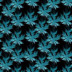 Papaya leaves in aqua color, decorative collage. Seamless watercolor pattern on black background . Illustration of leaves with a pattern for fabric, wrapping paper, design, home decor.