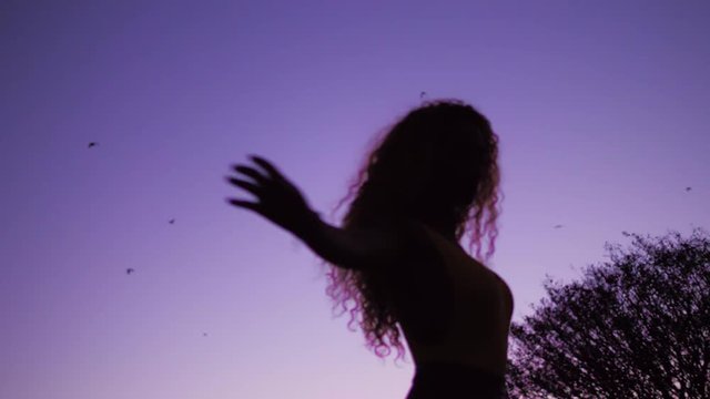 A Beautiful Girl Dancing To The Tune Of The Purple Sunset With Bats Flying In The Night Sky - Low Angle Shot
