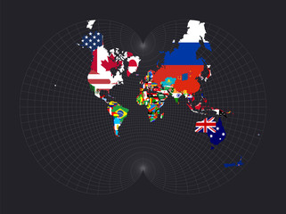 Map of the world with flags. August's epicycloidal conformal projection. Map of the world with meridians on dark background. Vector illustration.