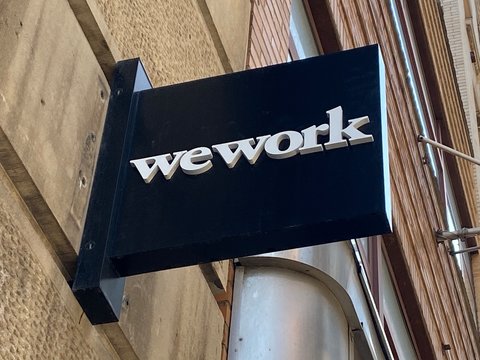 NEW YORK CITY - March 2, 2018: Exterior. WeWork Is American Company Shared Workspace, Community, For Entrepreneurs, Freelancers, Startups Small Businesses. Adam Neumann And Miguel Mckelvey