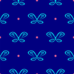 Seamless pattern with polka dots and abstract butterfly outlines drawn by hand. Simple vector illustration.