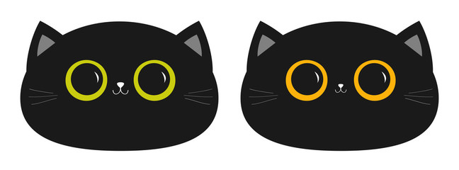 Black cat round head face icon set. Big yellow and green eyes. Small nose, ears. Cute funny cartoon character. Sad emotion. Kitty Whisker Baby pet collection. White background. Isolated. Flat design.