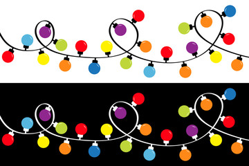 Christmas lights set. Holiday festive round xmas decoration. Colorful string fairy light set. Lightbulb glowing garland. Rainbow color. Flat design. Isolated. White and black background.