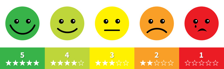 Smiley face satisfaction emoticon happiness smile feedback scale. From happy to angry emotion. Red green circle set. Five star rating review survey. Flat design. Isolated. White background. - obrazy, fototapety, plakaty
