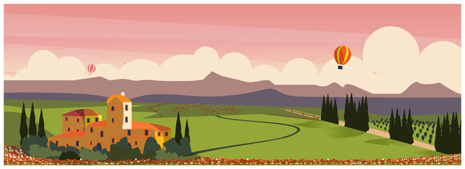 Spring or summer Day in Europe rural countryside. Vineyard with horse ranch and hot balloon.Vector illustration.