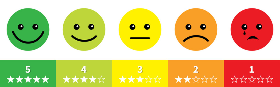 Smiley face satisfaction emoticon happiness smile feedback scale. From happy to angry emotion. Red green circle set. Five star rating review survey. Flat design. Isolated. White background.