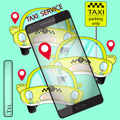 taxi service poster with car and smartphone. vector illustration on a green background.