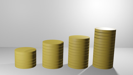 There are many gold coins arranged with financial growth graphs, stocks, illustrations - 3D rendering.