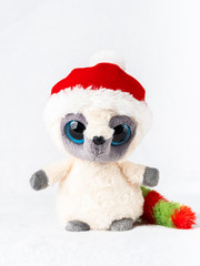 Stuffed white toy raccoon in red santa hat isolated on white. Christmas and new year background