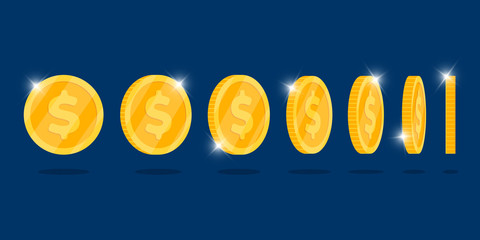 Gold 3d coin turn around different position set for game or apps animation. Bingo jackpot casino poker win element. Cash treasure concept flat vector illustration