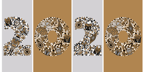 2020 Happy New Year greeting card design. Vector winter holiday illustration with  2020 numbers Christmas illustration with motifs from the Nutcracker ballet. Silver and gold colors.