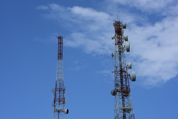 .Wireless Communication Antenna With bright sky.Telecommunication tower with antennas.High pole for signal transmission.