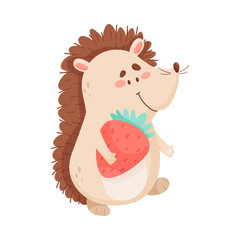 Funny Hedgehog Carrying Big Sweet Strawberry Vector Illustration