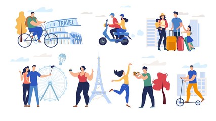 Traveling People Trendy Flat Vector Characters Set Isolated on White Background. Female, Male Tourists Riding Bicycle and Scooter, Traveling Family, Travelers Visiting Foreign Countries Illustrations
