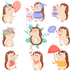 Cartoon Hedgehog Character Making Snowman and Holding Gift Boxes Vector Set