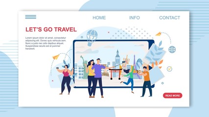 Obraz na płótnie Canvas Touristic Tour, Travel Agency Online Service, Startup for Travelers Trendy Flat Vector Web Banner, Landing Page Template. Happy Tourists Making Photos of Attractions, Shooting Selfie Illustration