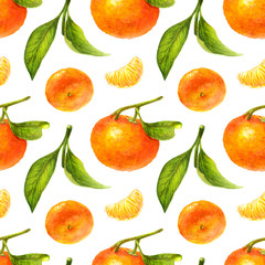 Mandarin and green leaves watercolor seamless pattern. Citrus orange fruits botanical painting illustration isolated on white background