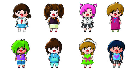 Kawaii anime girl set can use for birthday card