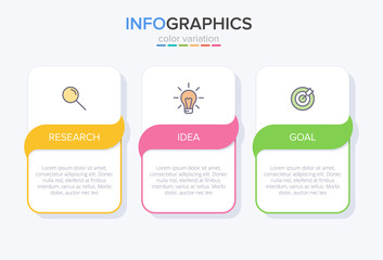 Concept of arrow business model with 3 successive steps. Three colorful graphic elements. Timeline design for brochure, presentation. Infographic design layout.