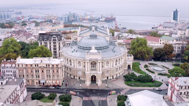 High to low descending drone view of Odessa Ukraine National Ballet Theater 4K