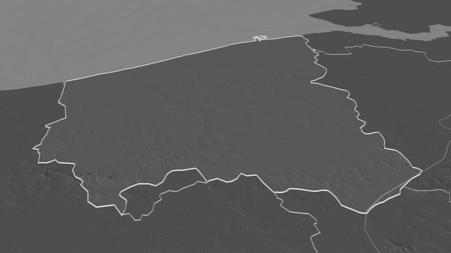 West-Vlaanderen, province with its capital, zoomed and extruded on the bilevel map of Belgium in the conformal Stereographic projection. Animation 3D