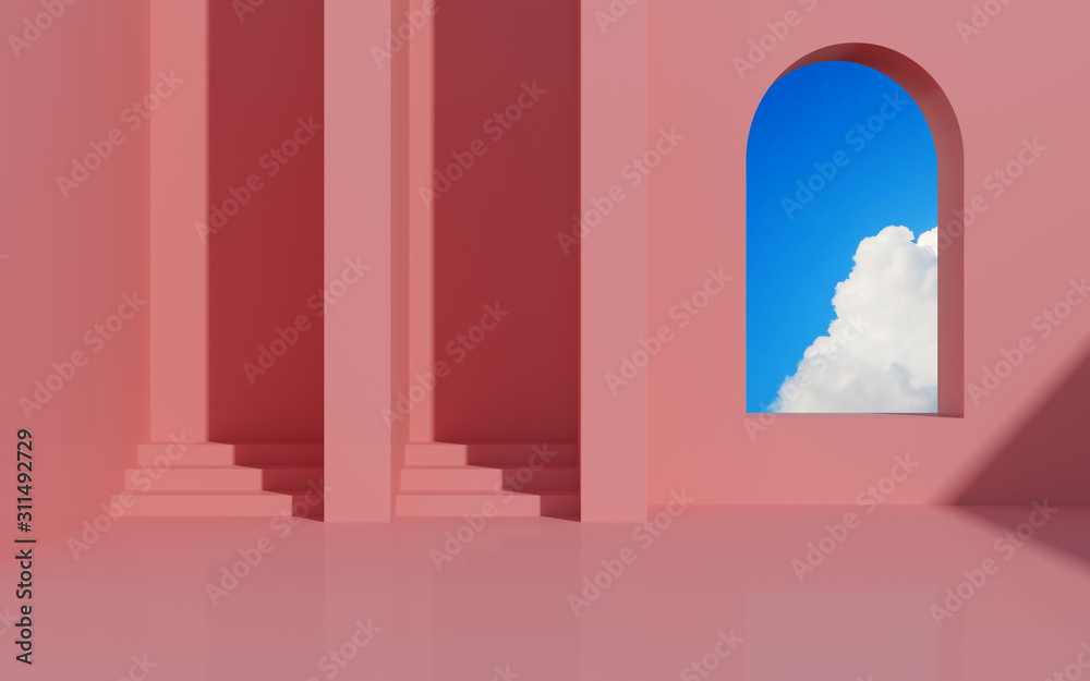 Aufkleber Minimal interior space with geometric form and pastels color,Sun light cast the shadow on wall with blue sky background. 3D rendering.